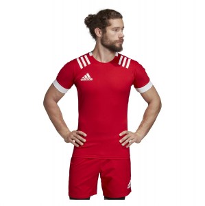 Adidas 3 Stripes Fitted Rugby Jersey Scarlet-White