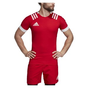 Adidas 3 Stripes Fitted Rugby Jersey Scarlet-White