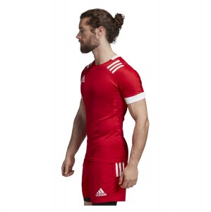 Adidas 3 Stripes Fitted Rugby Jersey Scarlet-White